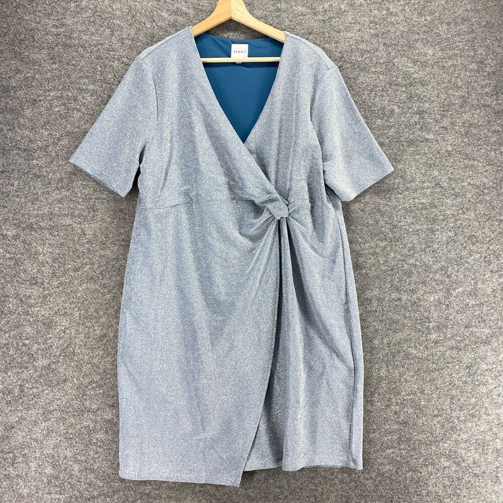 Serra Dress Women XL Blue Shift Midi V-Neck Short Sleeve Lined Tie Up Casual
